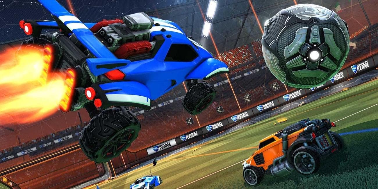 rocket league player about to hit the ball with another trying to hit the ball