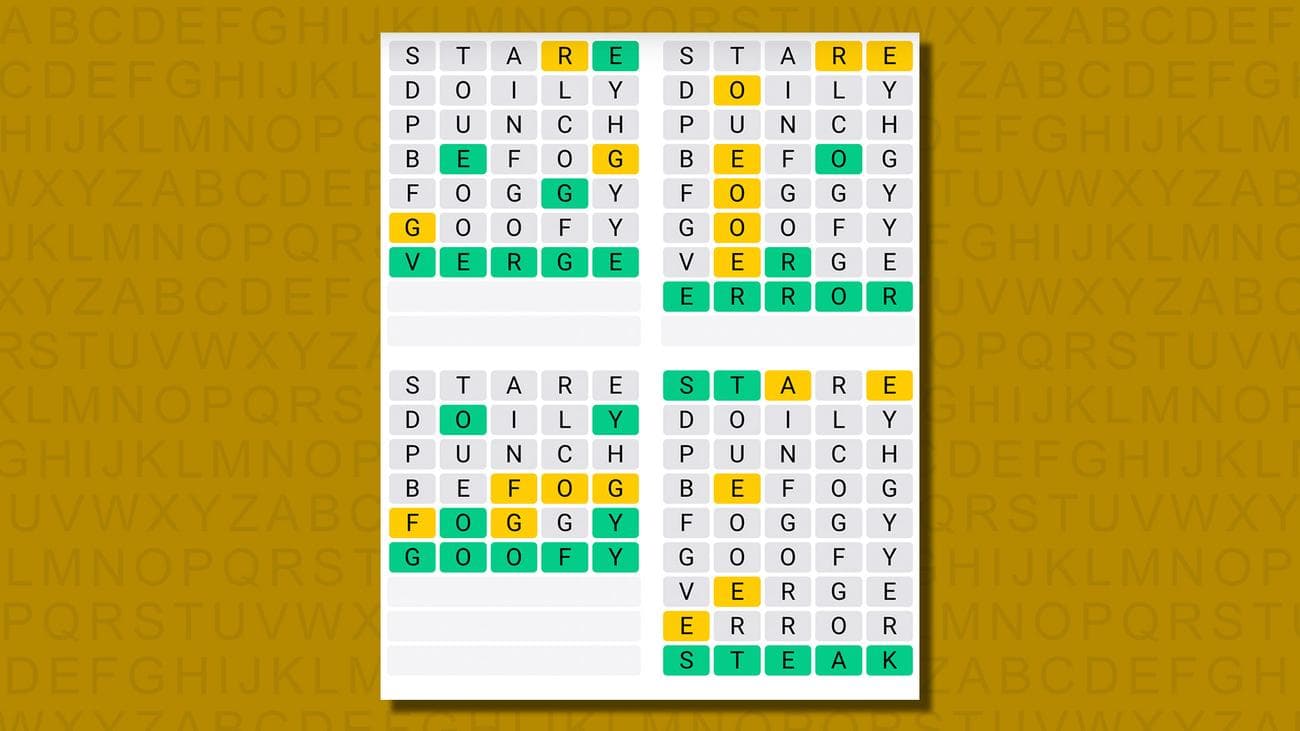 Quordle απαντήσεις για το παιχνίδι 623 σε κίτρινο φόντο