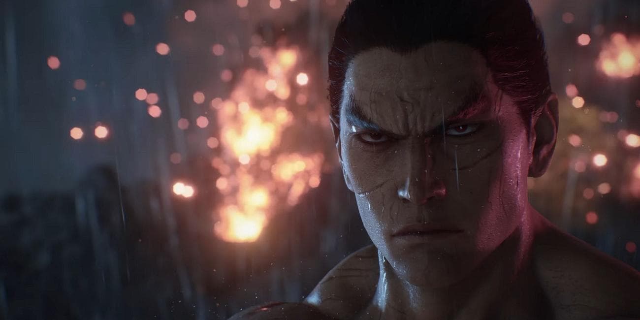 Screenshot from Tekken 8 showing a close-up of Kazuya Mishima's face.