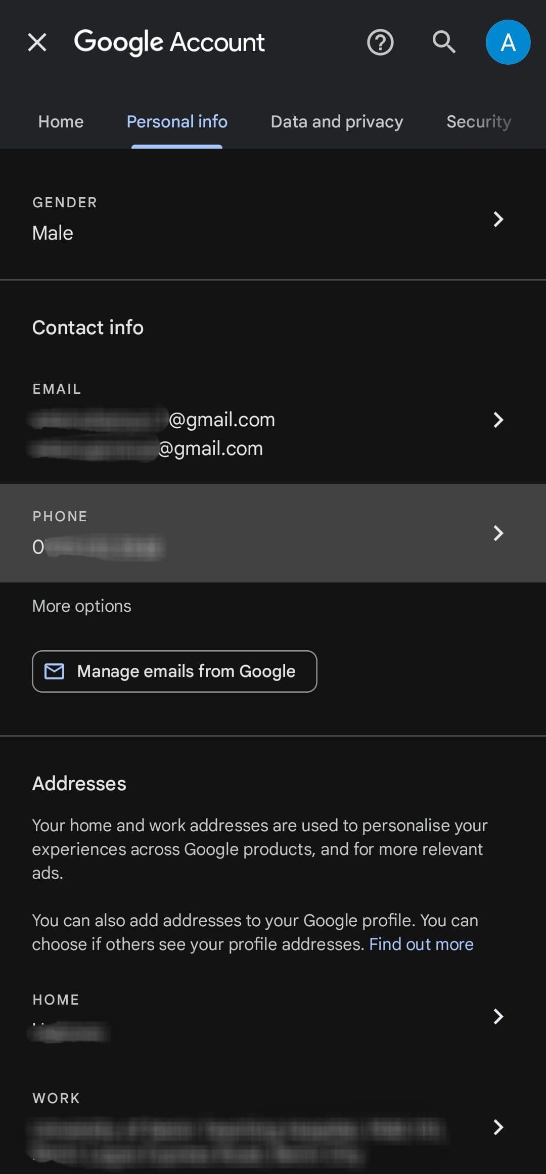 Ρυθμίσεις προσωπικών πληροφοριών λογαριασμού Google