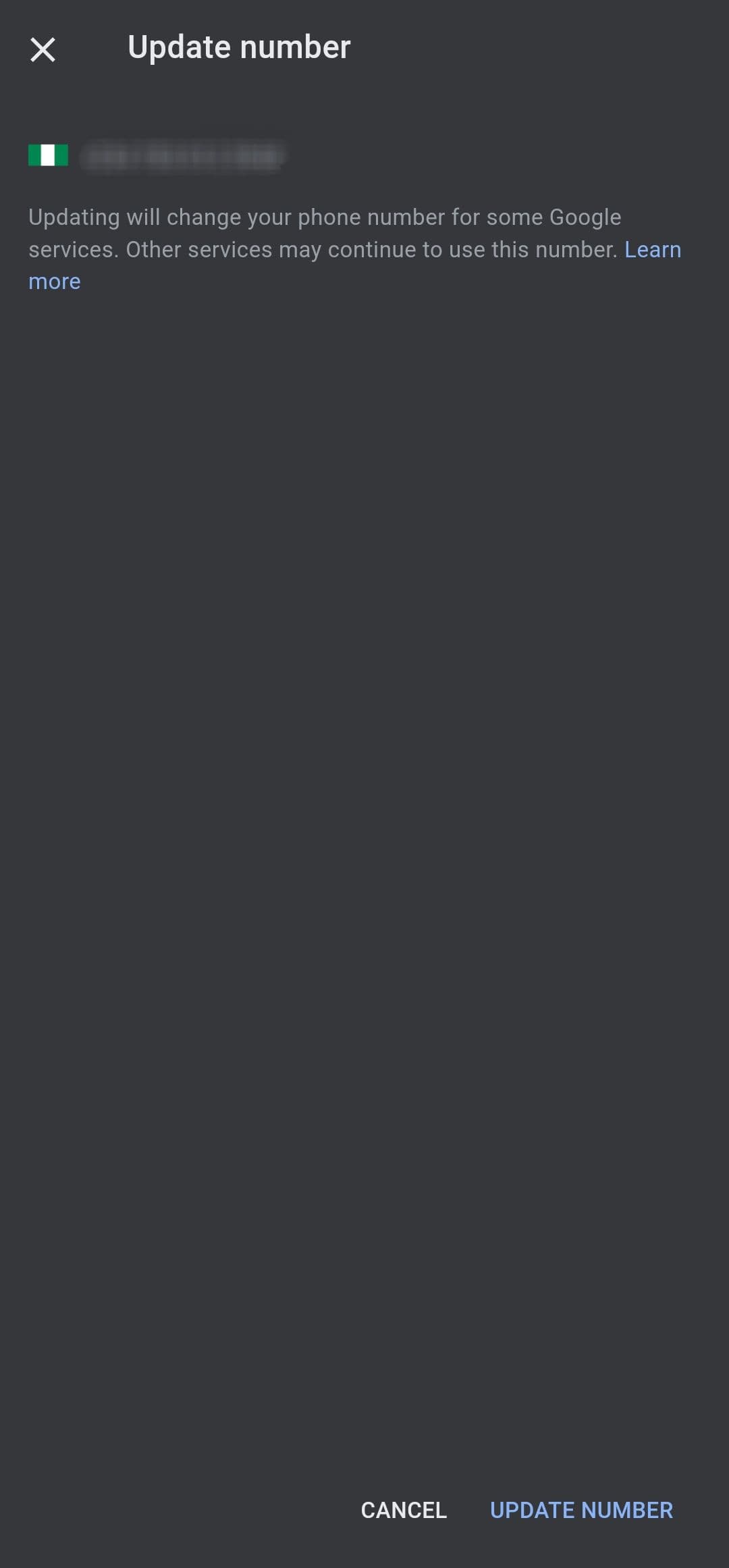 Οθόνη αλλαγής αριθμού τηλεφώνου λογαριασμού Google