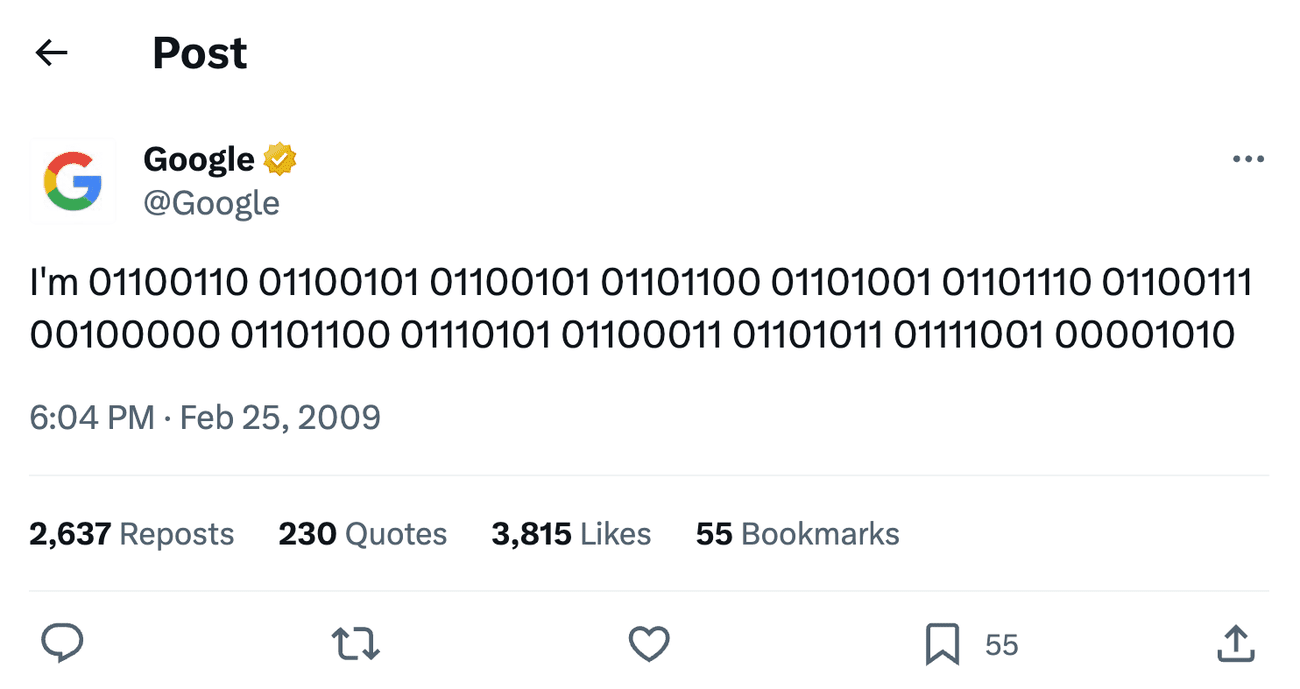 Στιγμιότυπο οθόνης του πρώτου tweet της Google που ήταν σε δυαδικό κώδικα