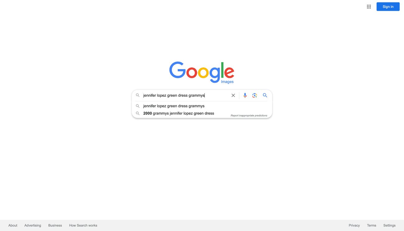 Στιγμιότυπο οθόνης μιας αναζήτησης στο Google Images για το φόρεμα Grammys 2000 της Jennifer Lopez