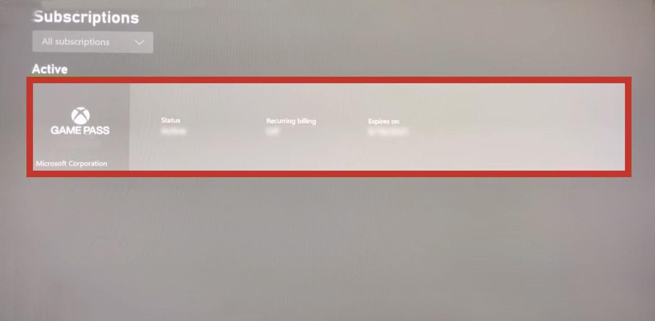 Το Xbox Subscription UI εμφανίζει όλες τις ενεργές συνδρομές, με το Xbox Game Pass Core να τονίζεται ευδιάκριτα.