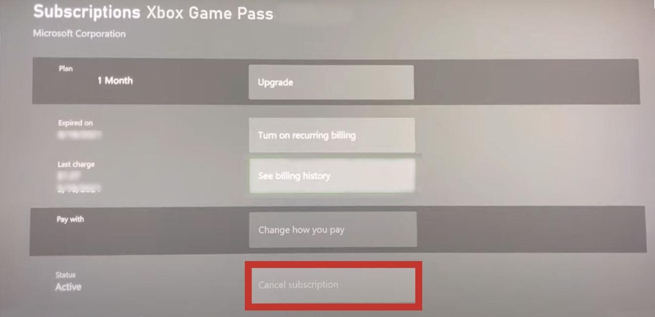 Το Xbox Game Pass Core Subscription UI εμφανίζει όλες τις διαθέσιμες επιλογές με ευδιάκριτη επισήμανση της Ακύρωσης συνδρομής.