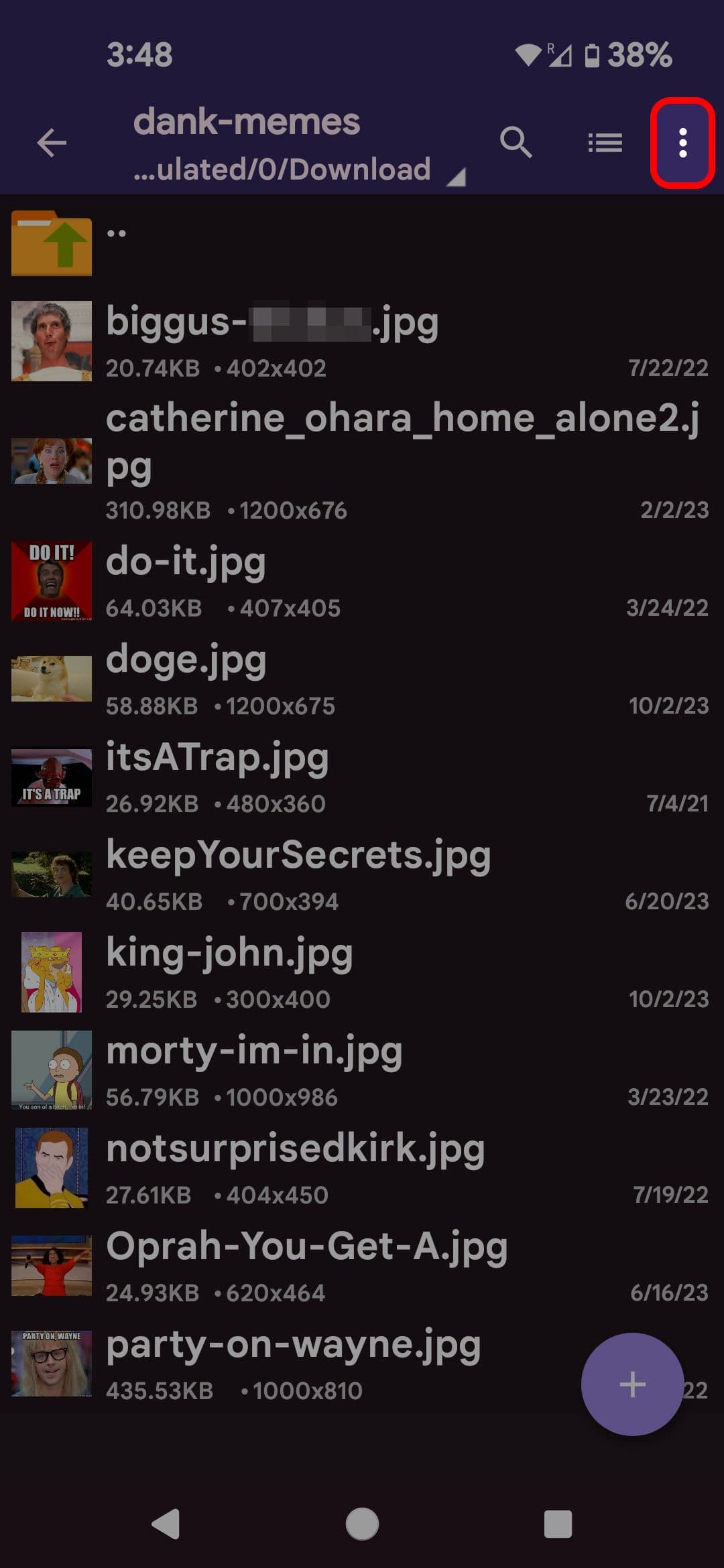 Προβολή καταλόγου ZArchiver που επισημαίνει το εικονίδιο μενού με τις τρεις κουκκίδες