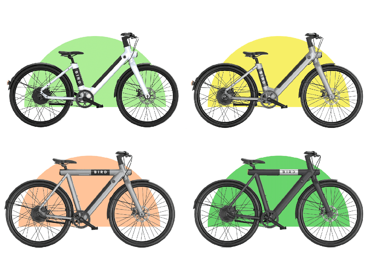 A lineup of Bird ebikes
