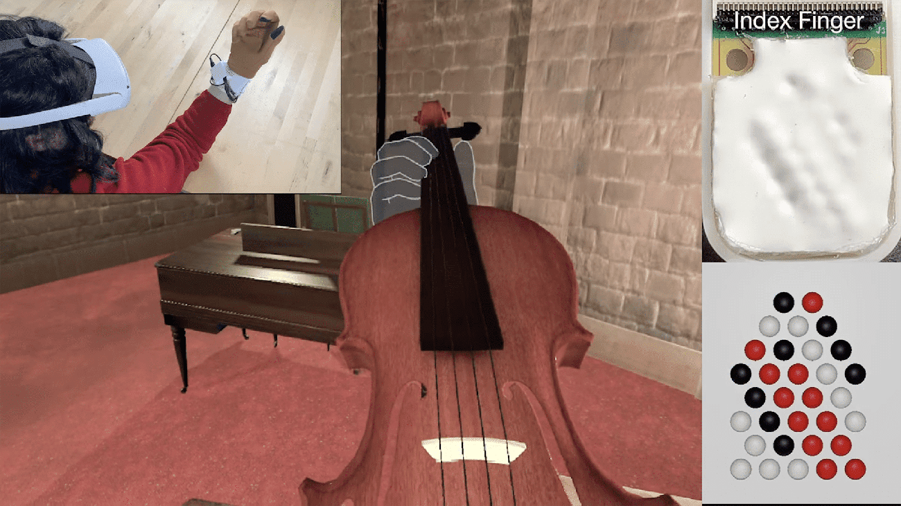 A demonstration of the haptic glove in action with a 3D-simulated environment. 