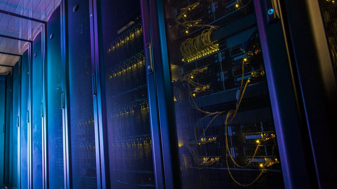 Computer server stacks in dark room