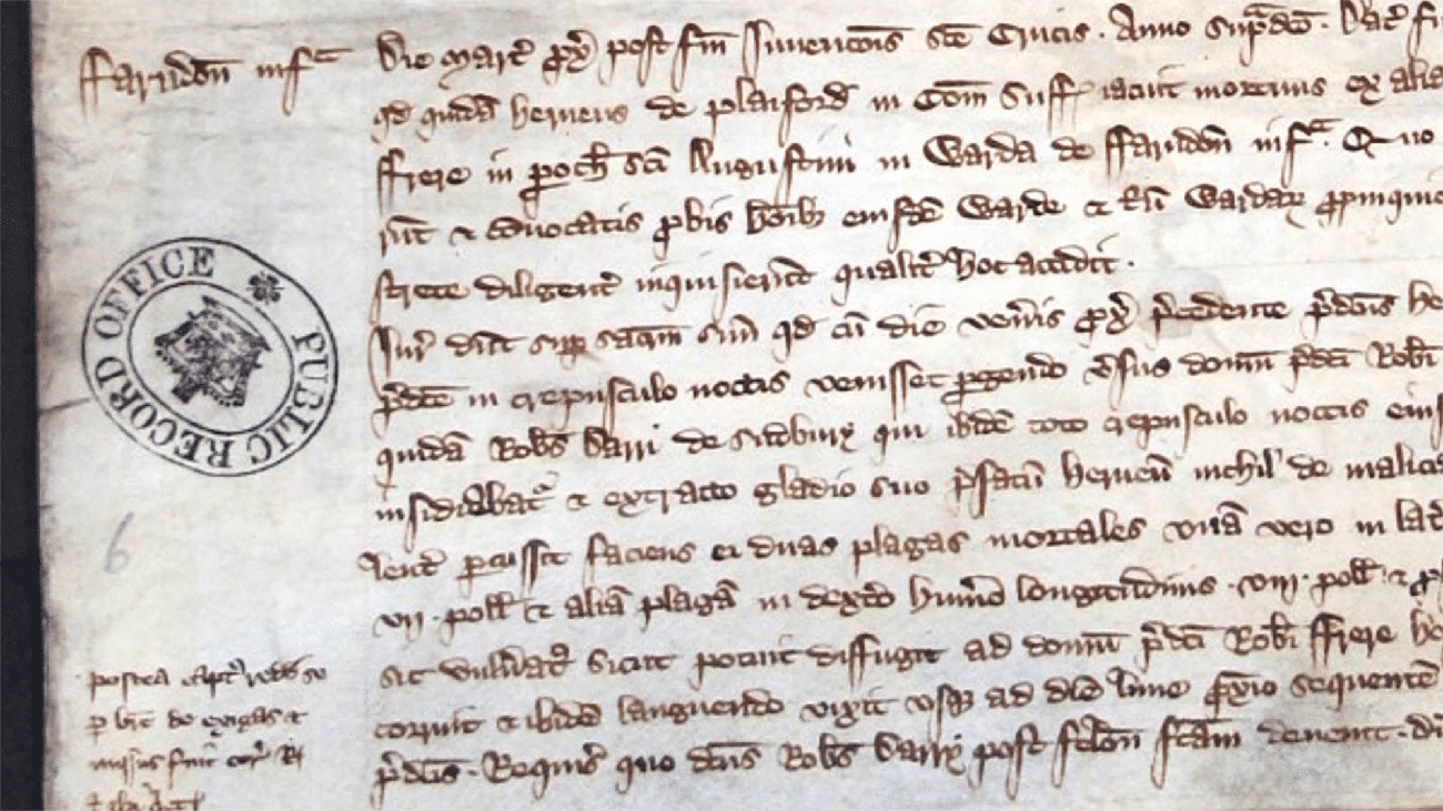 An example of the coroners' rolls, this one recounting the 'Death of Hervey de Playford.” It comes from a roll from London documenting 1315 and 1316.