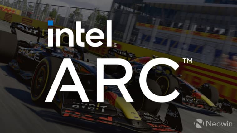 An Intel ARC logo with an F1 23 screenshot behind it
