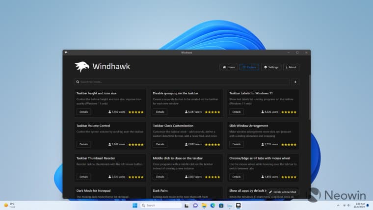 Windhawk που εκτελείται σε Windows 11