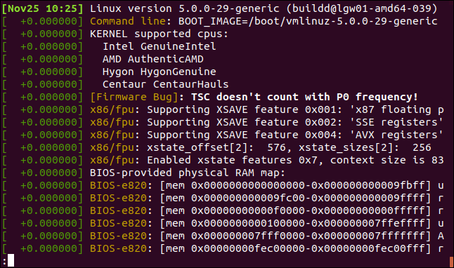 έξοδος από sudo dmesg -H σε ένα τερματικό παράθυρο