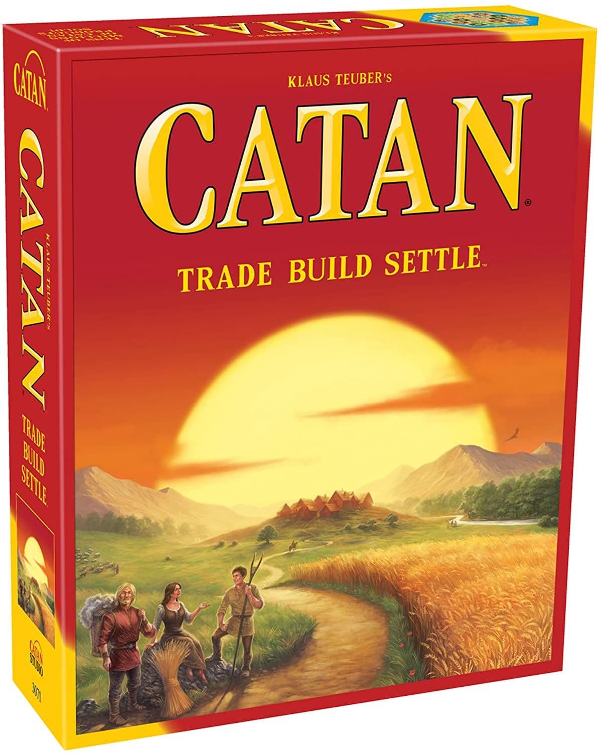 Το βασικό κουτί παιχνιδιού Catan περιλαμβάνει μια ομάδα ανθρώπων που έρχονται να εγκαταστήσουν το Catan.