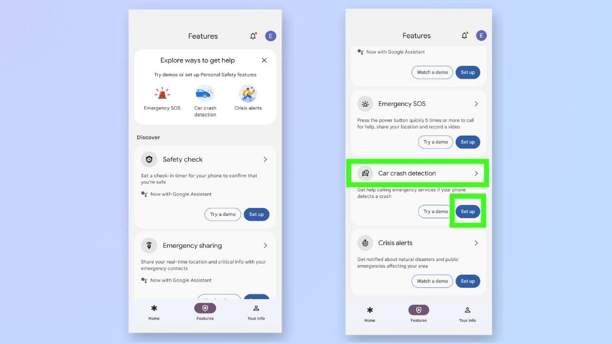 Στιγμιότυπο οθόνης που δείχνει τα βήματα για την ενεργοποίηση της ανίχνευσης τροχαίου ατυχήματος σε τηλέφωνο Google pixel - Οθόνη δυνατοτήτων.  Επιλέξτε Ανίχνευση τροχαίου ατυχήματος