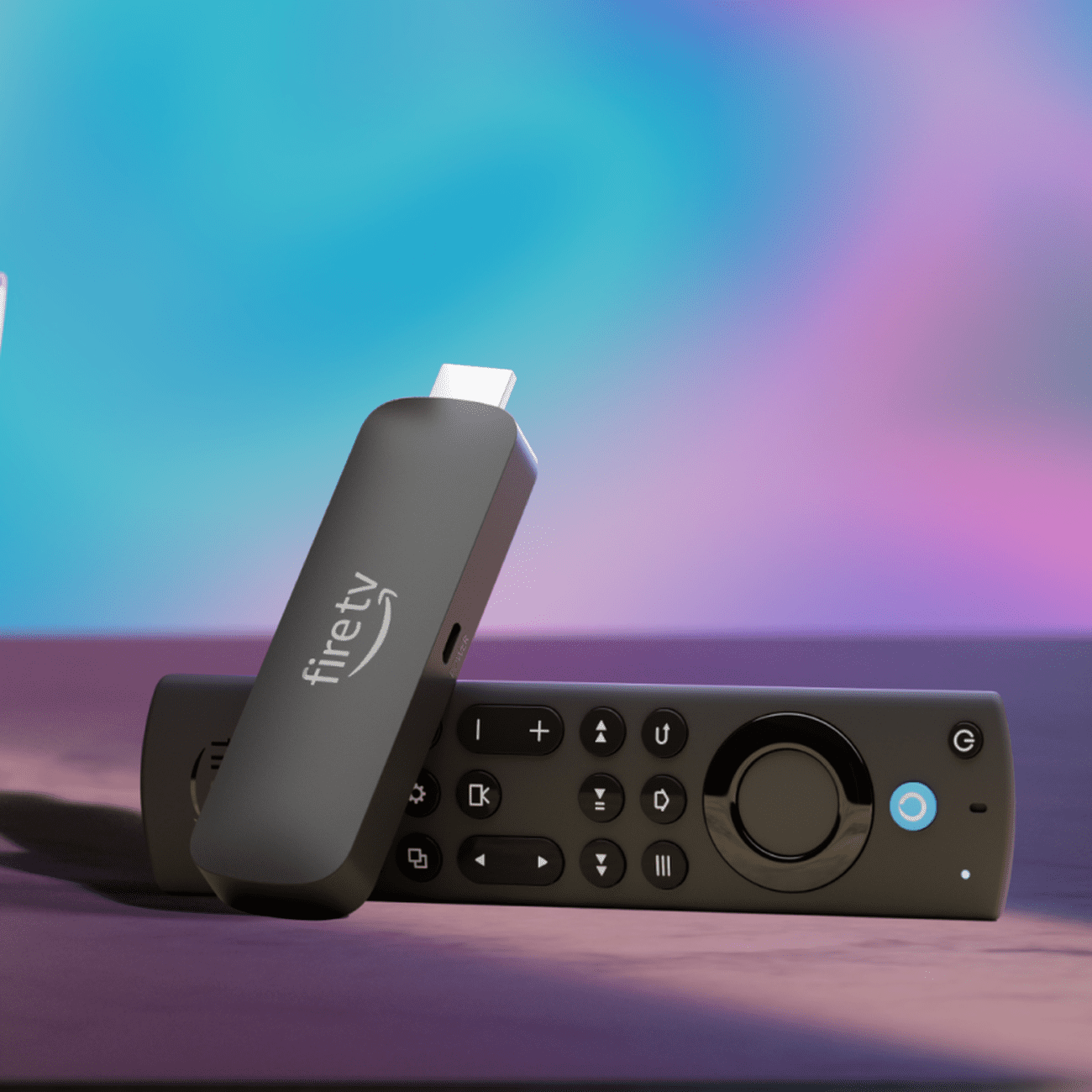 An Amazon Fire TV Stick 4K Max streaming stick with its remote sitting beside a bowl of popcorn in front of a TV.