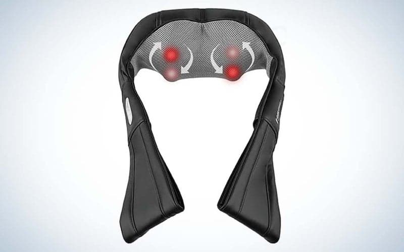 A gray neck massager by Homedics that you place around your neck with red panel that provide heat and massage.