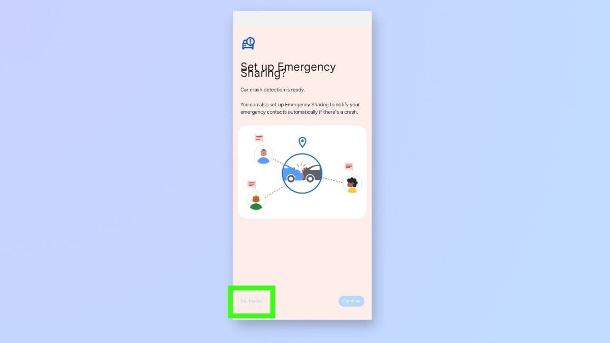 Στιγμιότυπο οθόνης που δείχνει τα βήματα για την ενεργοποίηση της ανίχνευσης τροχαίου ατυχήματος σε τηλέφωνο pixel Google - Ρύθμιση κοινής χρήσης έκτακτης ανάγκης