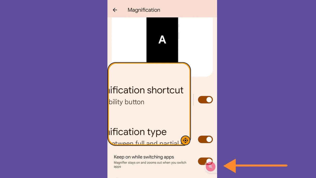 The Android settings app, showing how the magnification tool works and how to enable it.