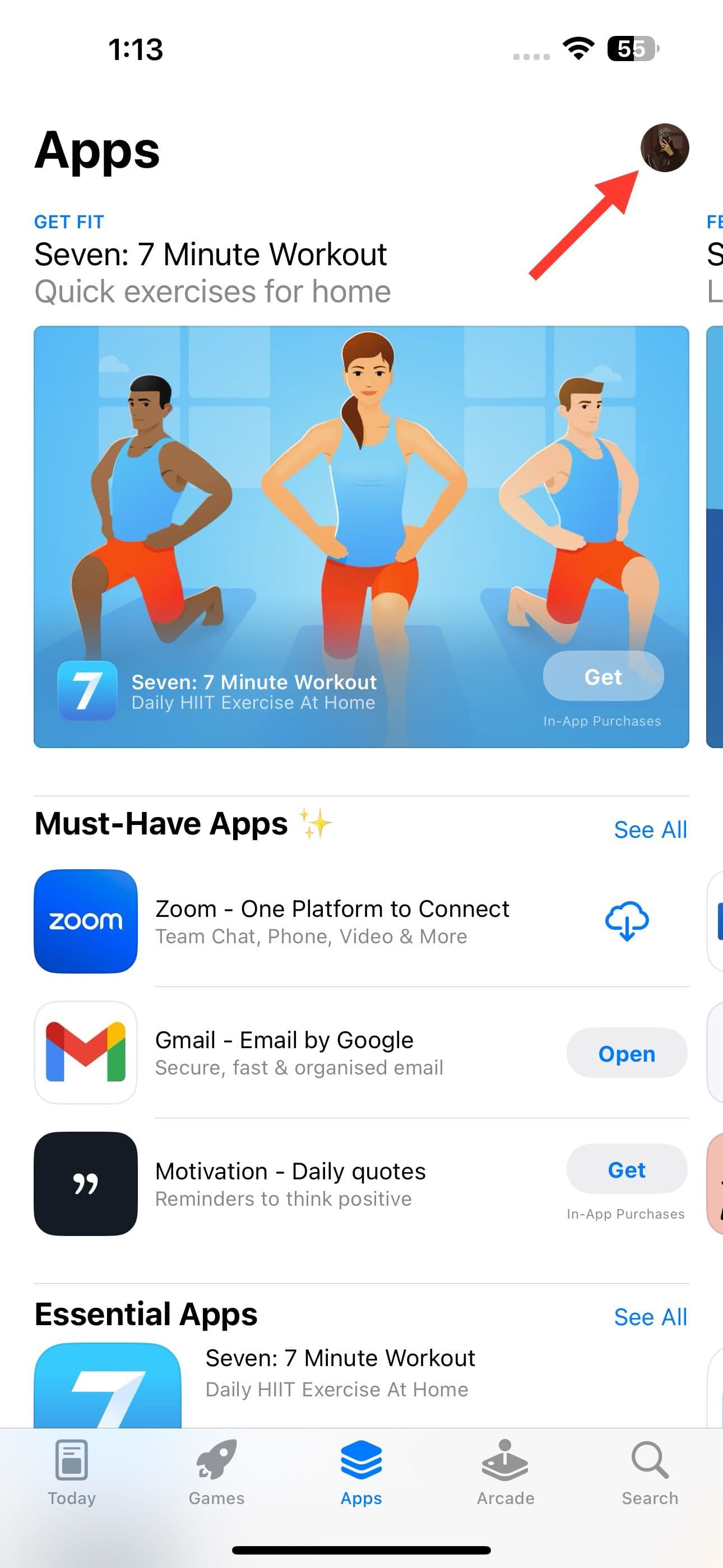 Apple App Store που δείχνει το εικονίδιο προφίλ χρήστη στην επάνω δεξιά γωνία.