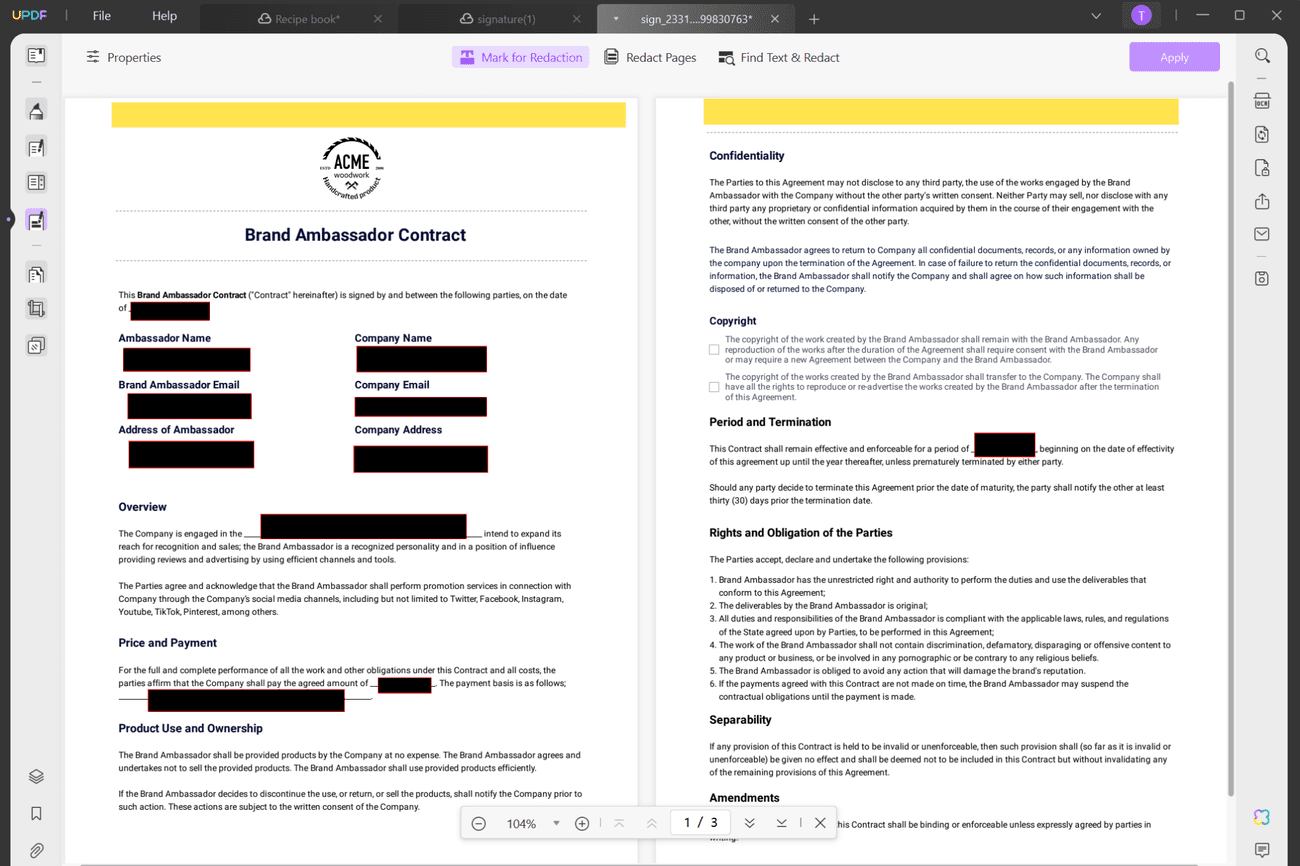 Στιγμιότυπο οθόνης της δυνατότητας Redact του UPDF