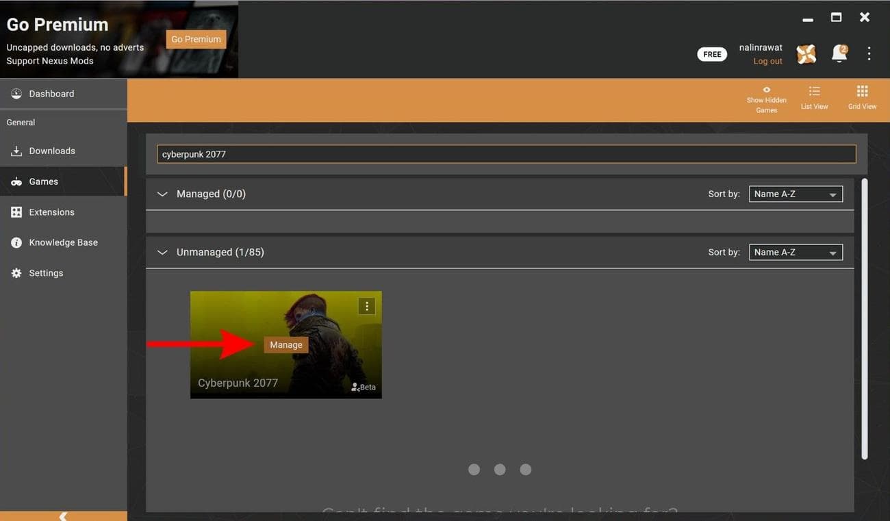 Κάντε κλικ στο Manage για να προσθέσετε το Cyberpunk 2077 στο Vortex Mod Manager