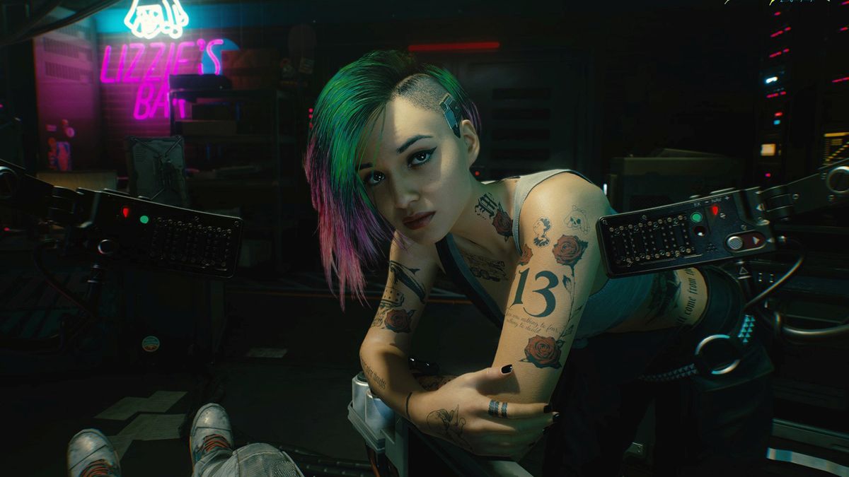 Jenny from Cyberpunk 2077 leaning on a table