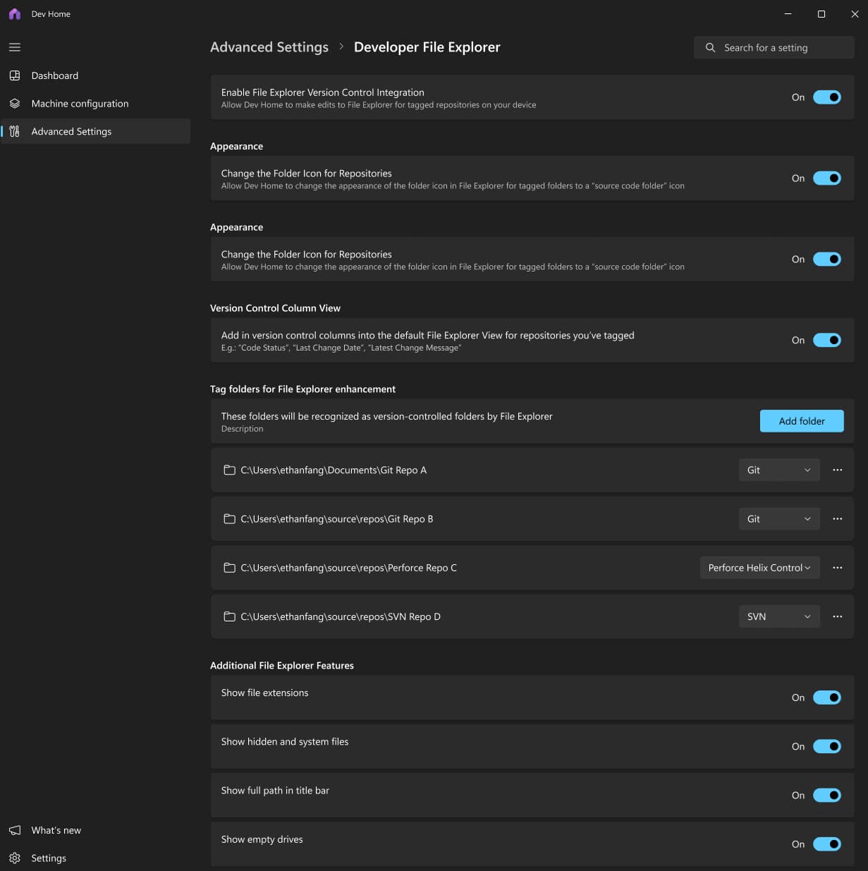 Ένα πρώιμο μοντέλο της ενότητας Προηγμένες ρυθμίσεις των Windows στην εφαρμογή Dev Home