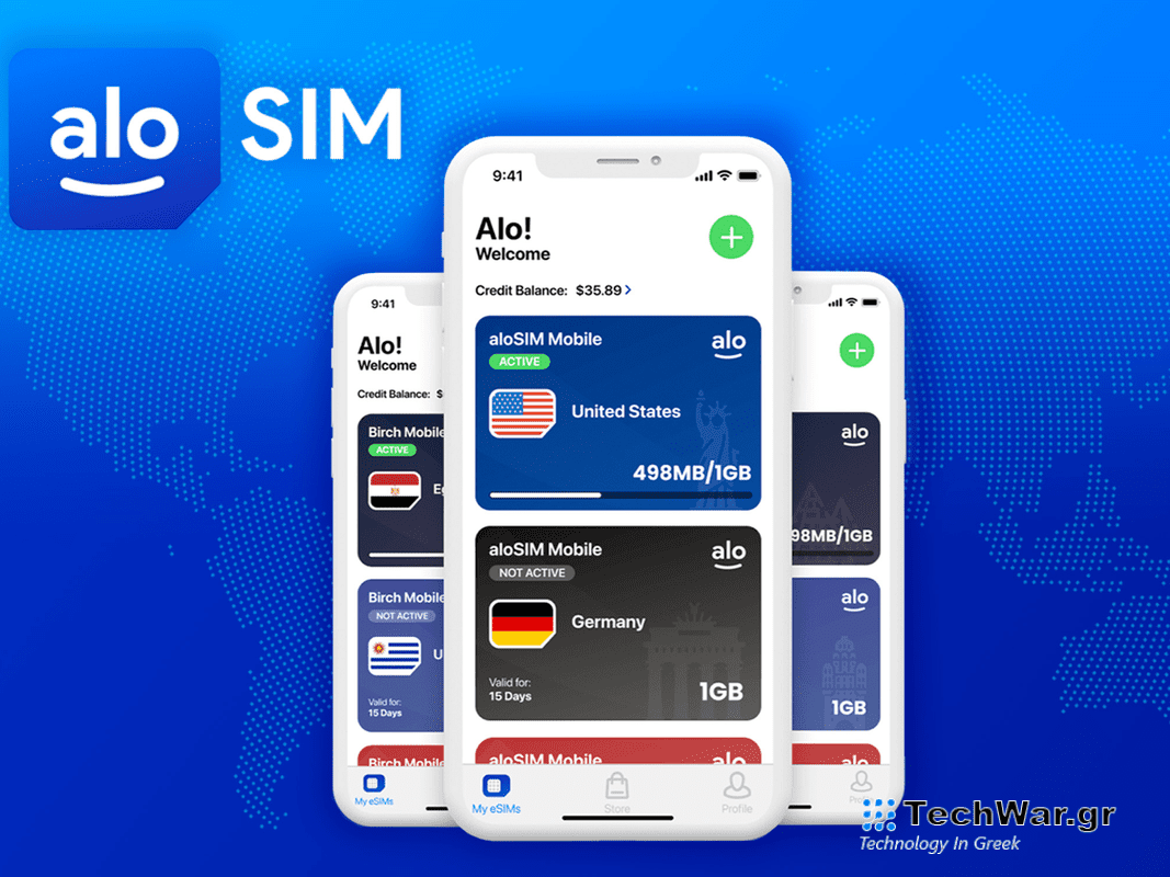 Μια alo eSIM τραβηγμένη σε τρία τηλέφωνα σε απλό φόντο