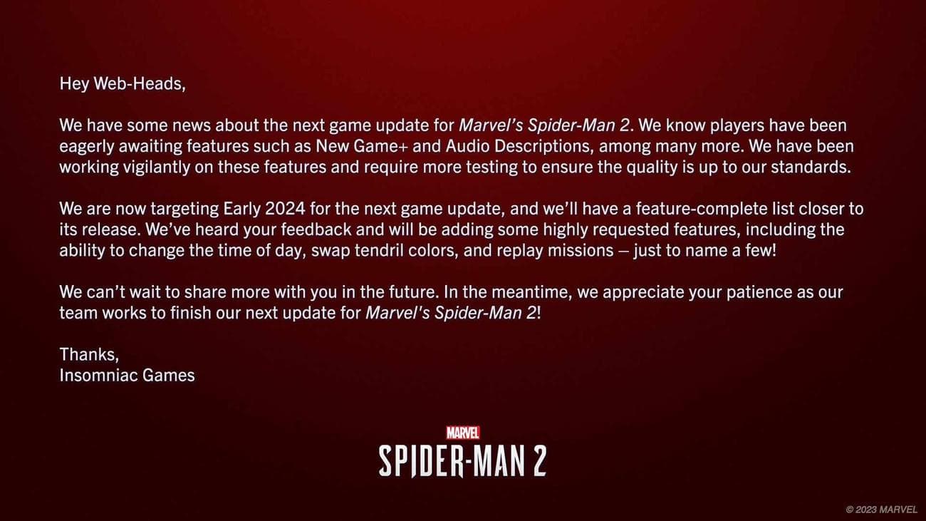 Αναβολή για το New Game Plus και νέο μεγάλο update για το Marvel's Spider-Man 2, Αναβολή για το New Game Plus και νέο μεγάλο update για το Marvel’s Spider-Man 2, TechWar.gr