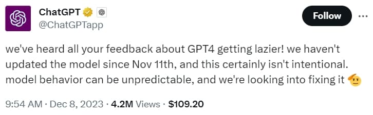 Το ChatGPT έχει γίνει «τεμπέλης» και το OpenAI λέει ότι δεν είναι σκόπιμα, Το ChatGPT έχει γίνει «τεμπέλης» και το OpenAI λέει ότι δεν είναι σκόπιμα, TechWar.gr