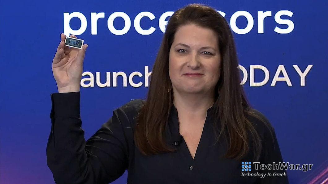 Intel Meteor Lake unveil moment featuring Intel exec Michelle Holthaus holding up a chip from the Intel AI Everywhere livestream