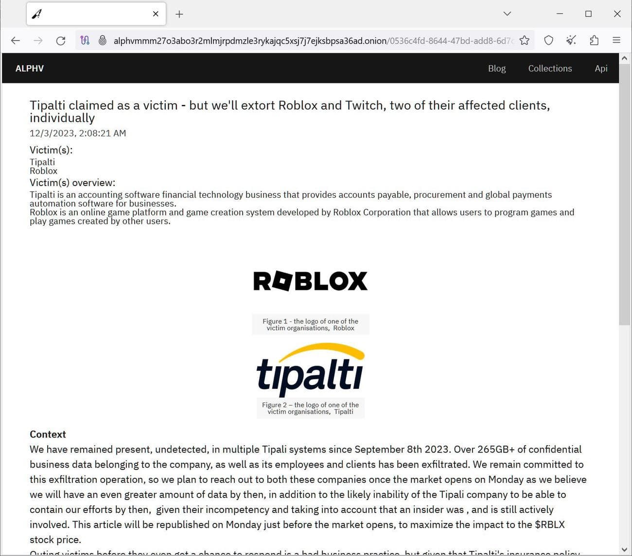 Τώρα διαγράφηκε η ανάρτηση σχετικά με το Tipalti στον ιστότοπο διαρροής δεδομένων ALPHV