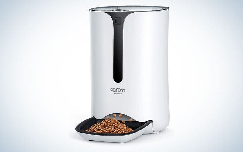 A white faroro automatic pet feeder on a plain background.