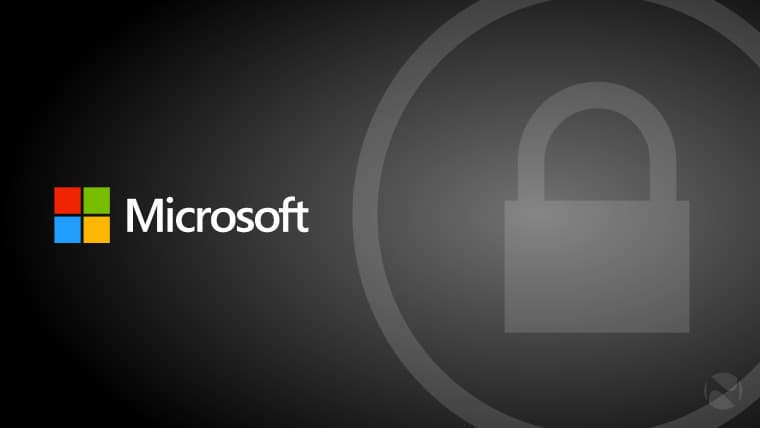 A Microsoft logo on a grey background with a padlock icon in a circle on the right