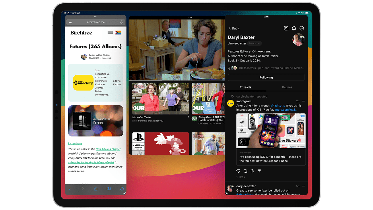 iPadOS 17 Stage Manager με Threads, Safari και YouTube που παίζει