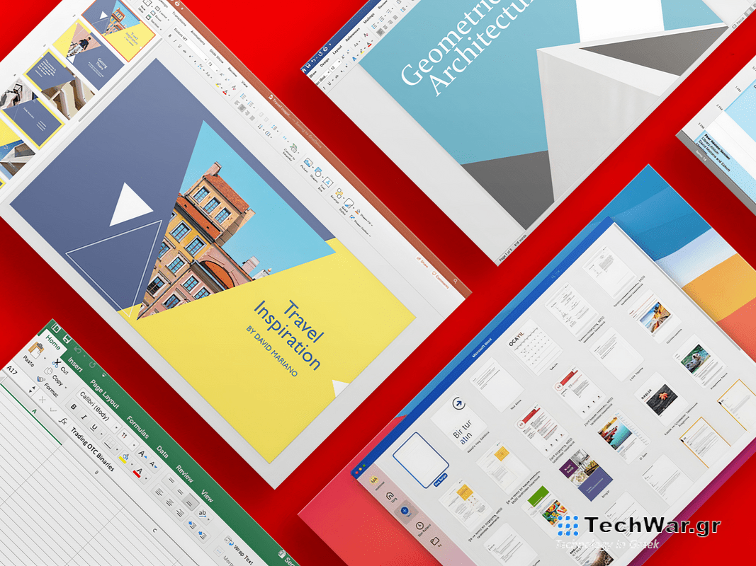 Screenshots of the Microsoft Office Suite arranged on a red background.