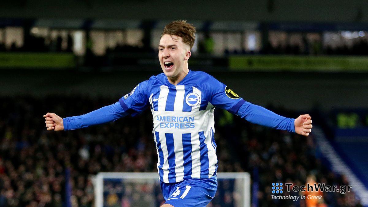 Jack Hinshelwood of Brighton & Hove Albion, in blue kit runs down the pitch to celebrates scoring ahead of the Brighton vs Marseille live stream.