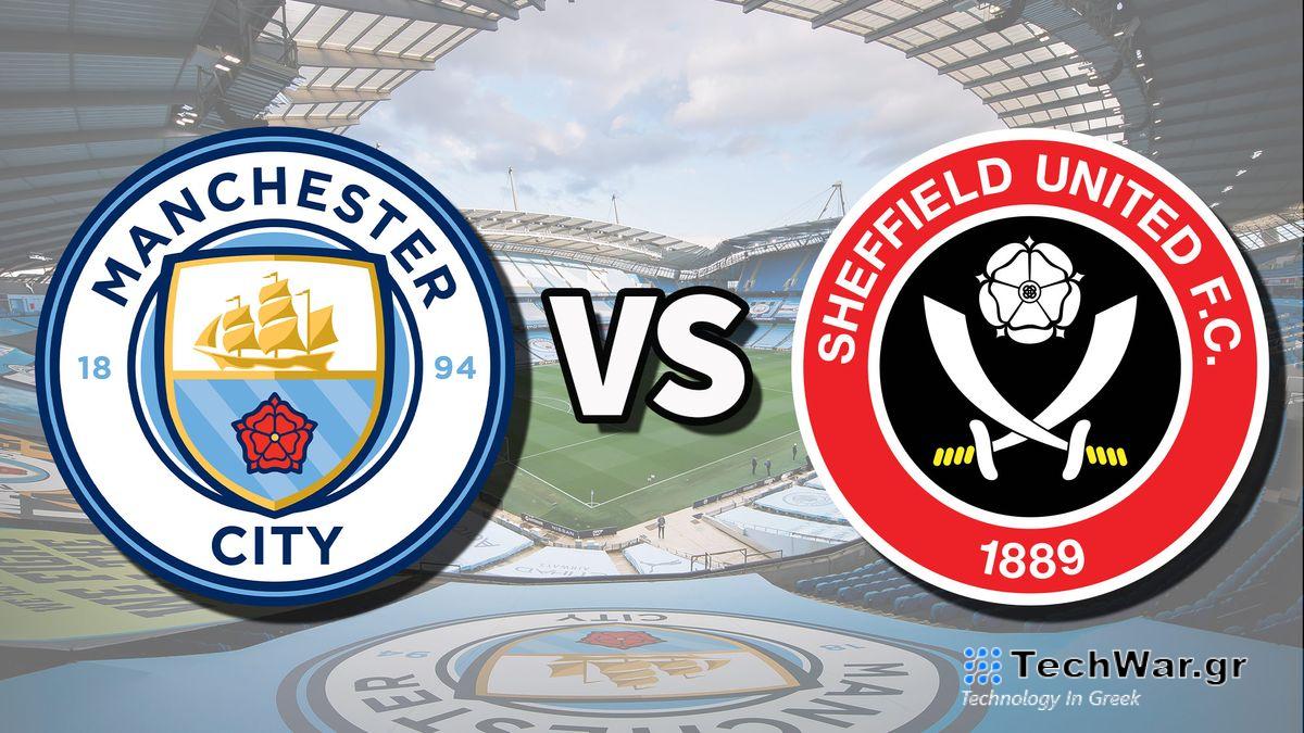 The Manchester City and Sheffield United club badges on top of a photo of the Etihad Stadium in Manchester, England