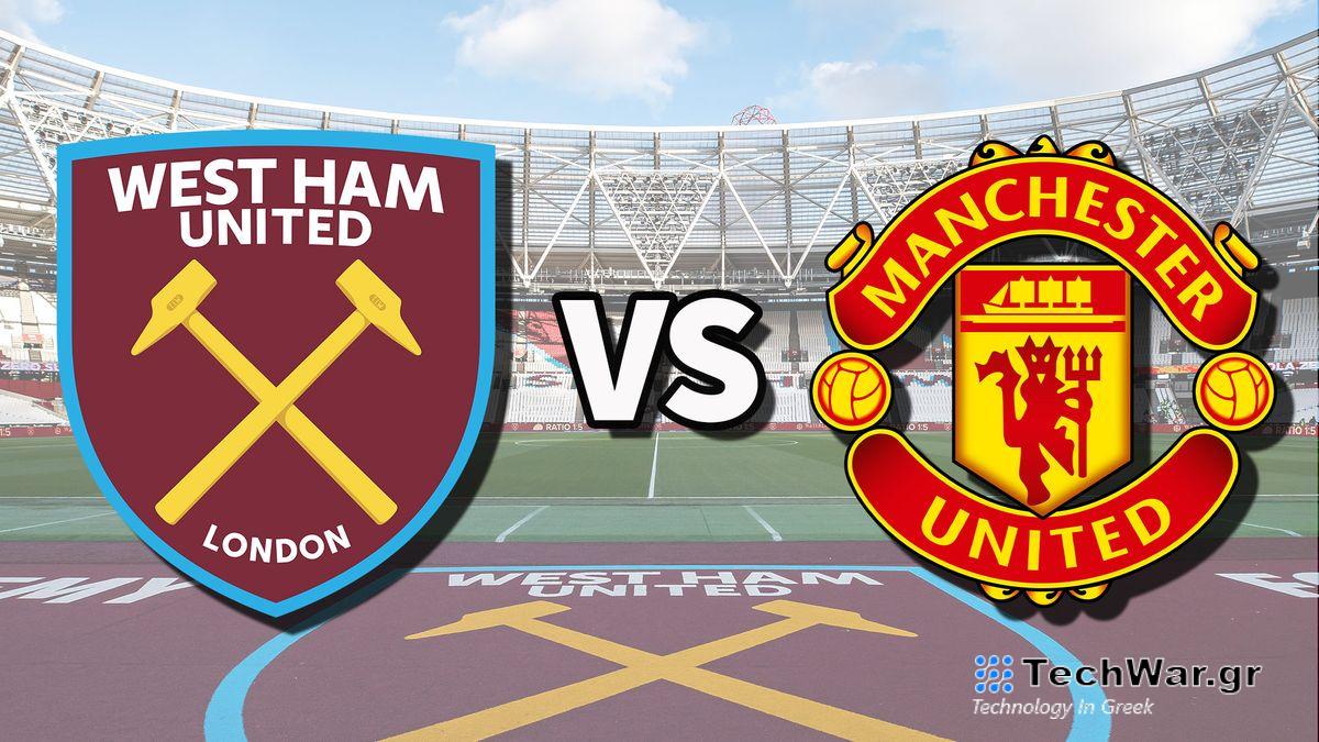 The West Ham United and Manchester United club badges on top of a photo of London Stadium in London, England