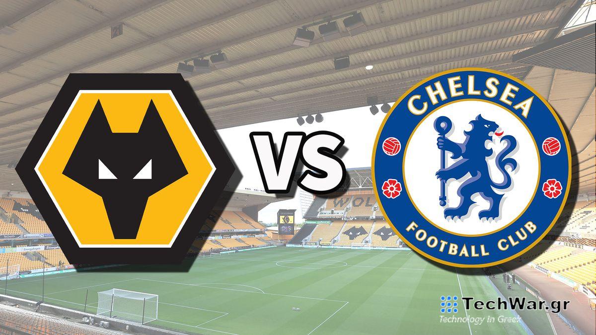 The Wolverhampton Wanderers and Chelsea club badges on top of a photo of Molineux stadium in Wolverhampton, England