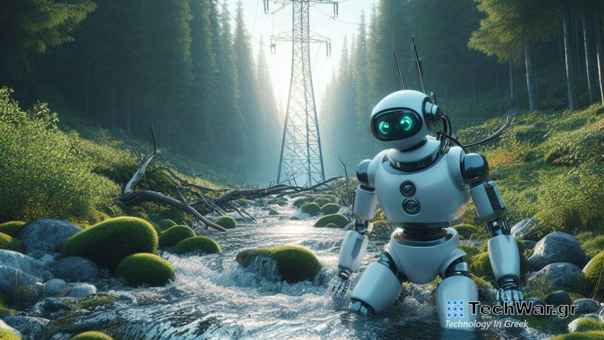 Robot in the forest with a water stream and power lines