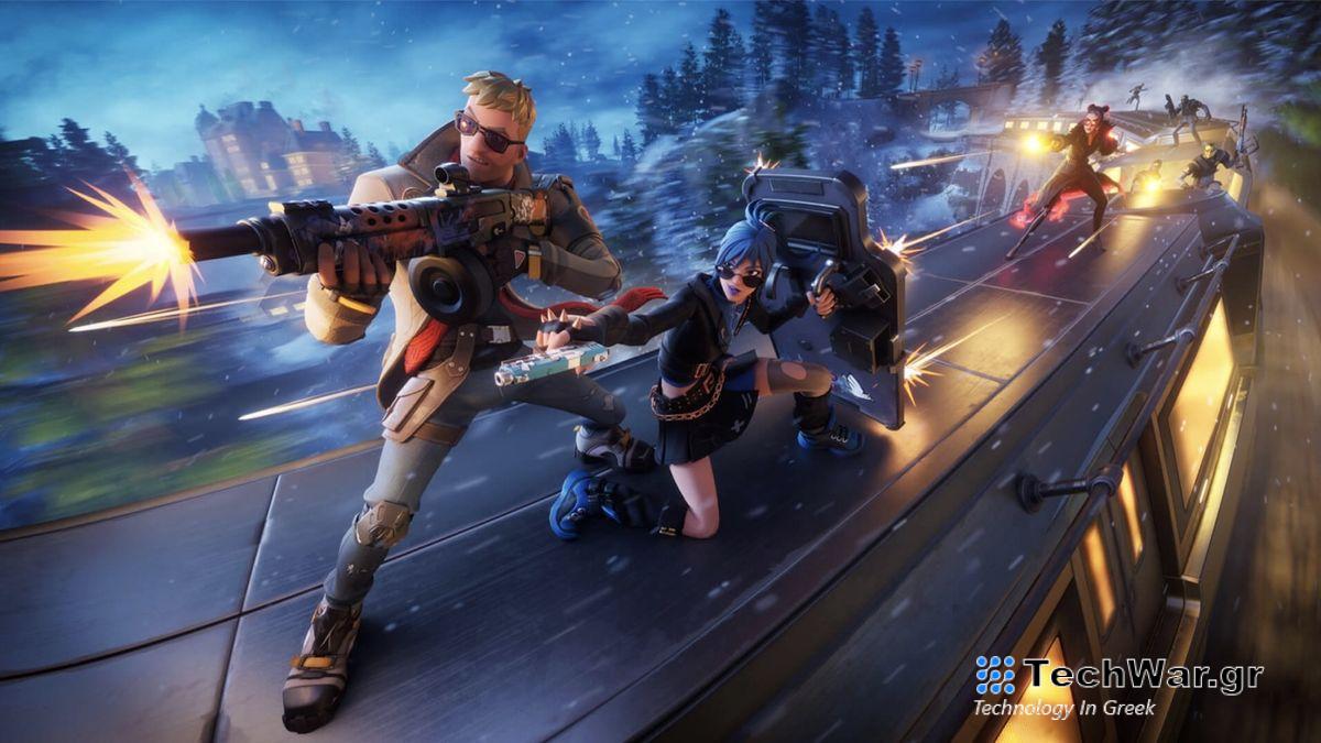 Jonesy and other Fortnite characters battle it out on top of a moving train