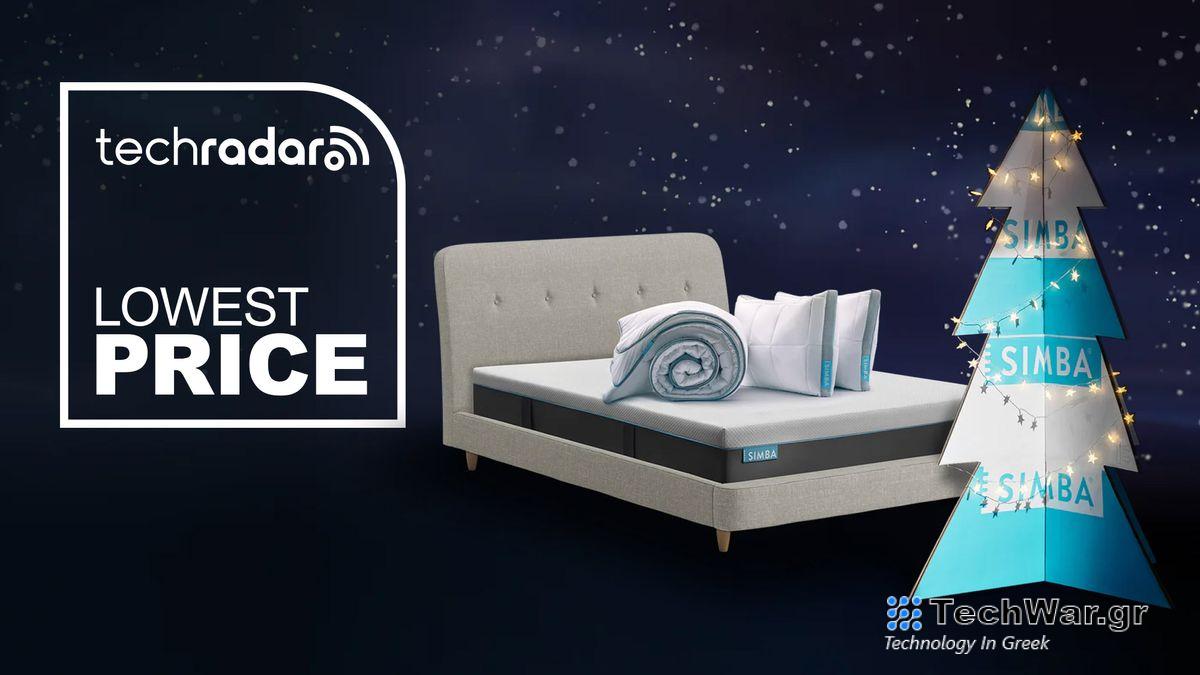 A Simba bed bundle and a Christmas tree against a dark snowy background with a badge saying