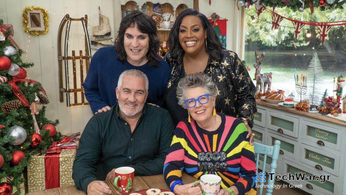 Paul Hollywood, Prue Leith, Alison Hammond and Noel Fielding in the Bake Off tent ahead of the Great British Bake Off Festive Specials 2023 and 2024