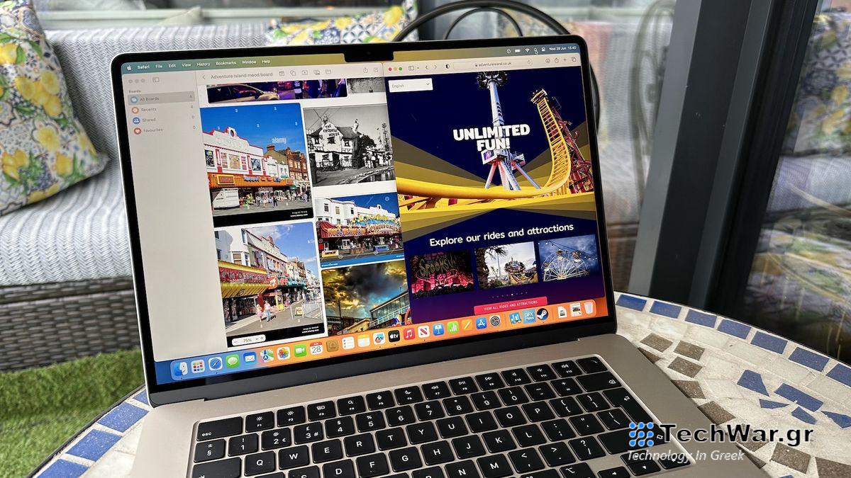 At home with 15-inch MacBook Air, on a mosaic balcony table and on a wooden floor.