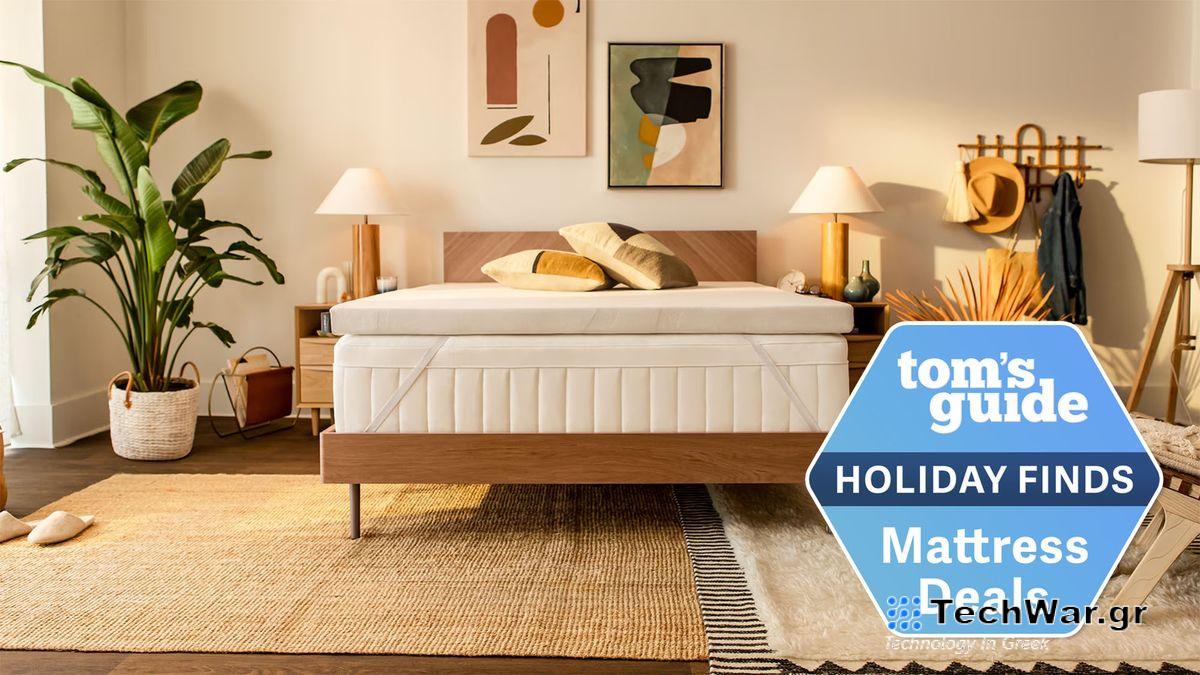 Image shows the Tempur-Pedic mattress topper placed on a white mattress in a yellow bedroom