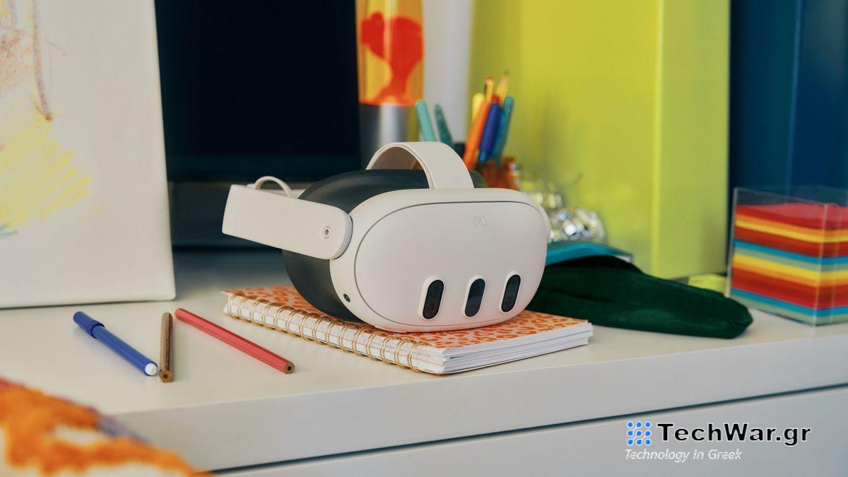 The Meta Quest 3 on a notebook surrounded by pens and school supplies on a desk