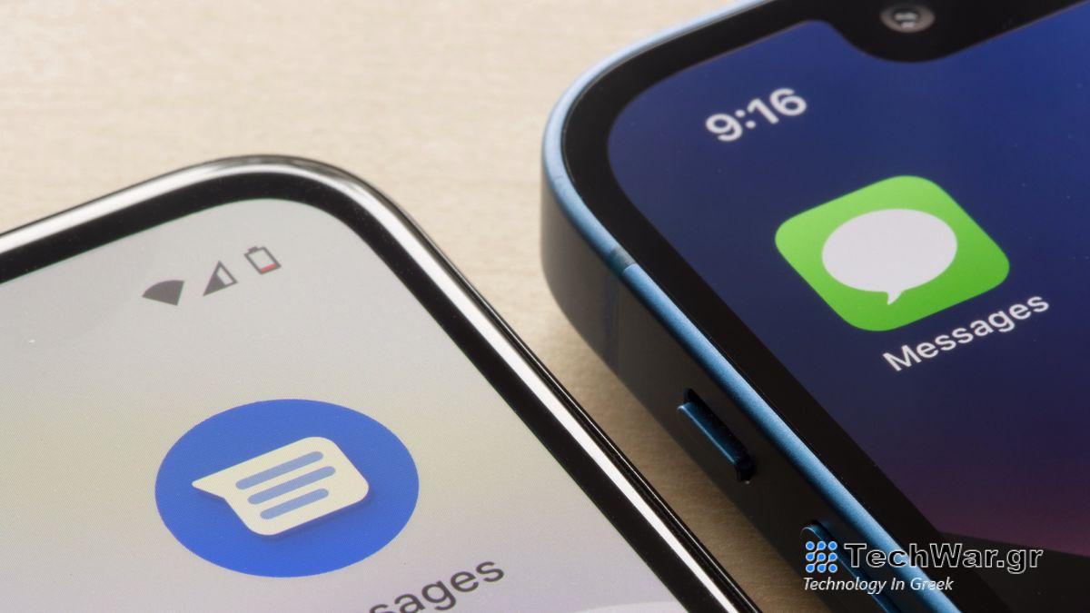 Google Messages on Android phone next to Messages app on iPhone