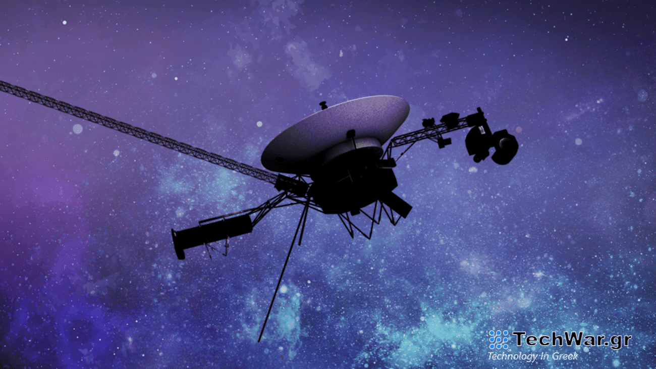 Artist art of Voyager space probe against purple cosmic background